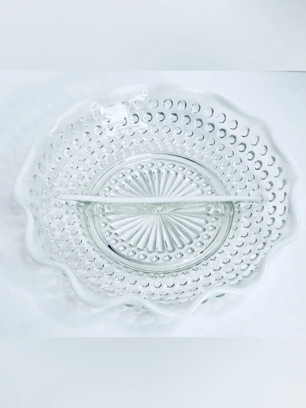 Vintage Anchor Hocking Moonstone Hobnail Divided Relish Serving Dish